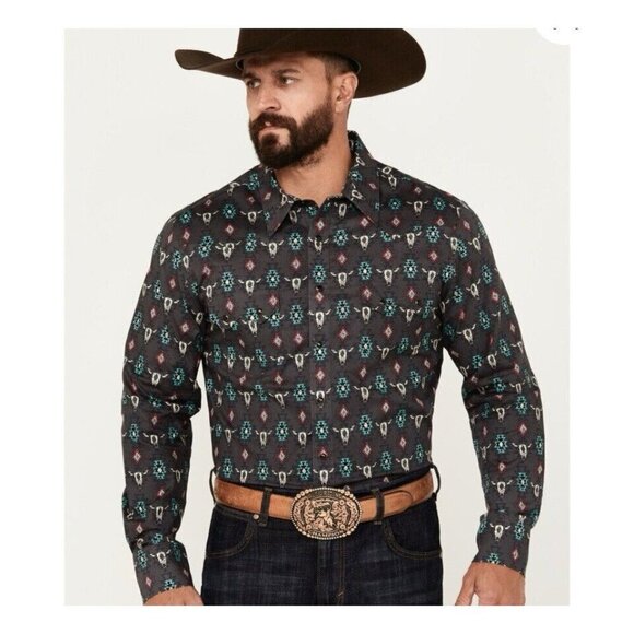 Rock & Roll Denim Green Southwestern Cattle Skull Print Long Sleeve Snap Size XL - Picture 1 of 11